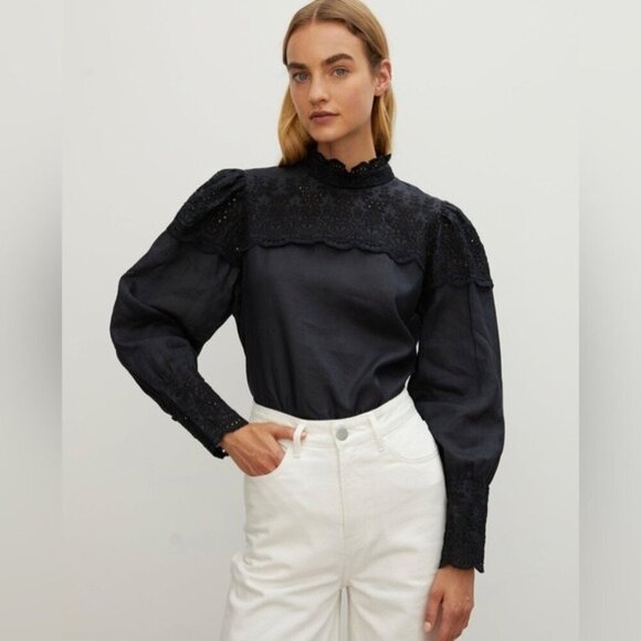 RÓHE Vonna Blouse In Black Size 36 US 4 eyelet embroidery and scalloped edges - Picture 1 of 16